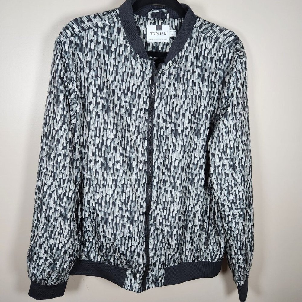 Topman Jacket Mens XXL 2XL Multicolor Bomber Jacket Lightweight Geometric Black